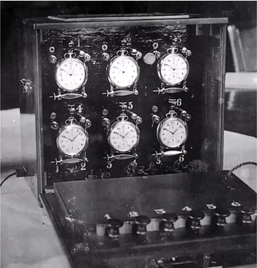 A wooden box containing stopwatches for athletics timing